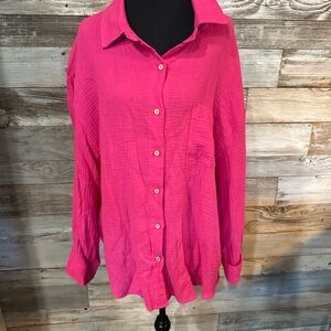 NWT Hot Pink Gauze Texture Long Sleeve Button-Up Blouse